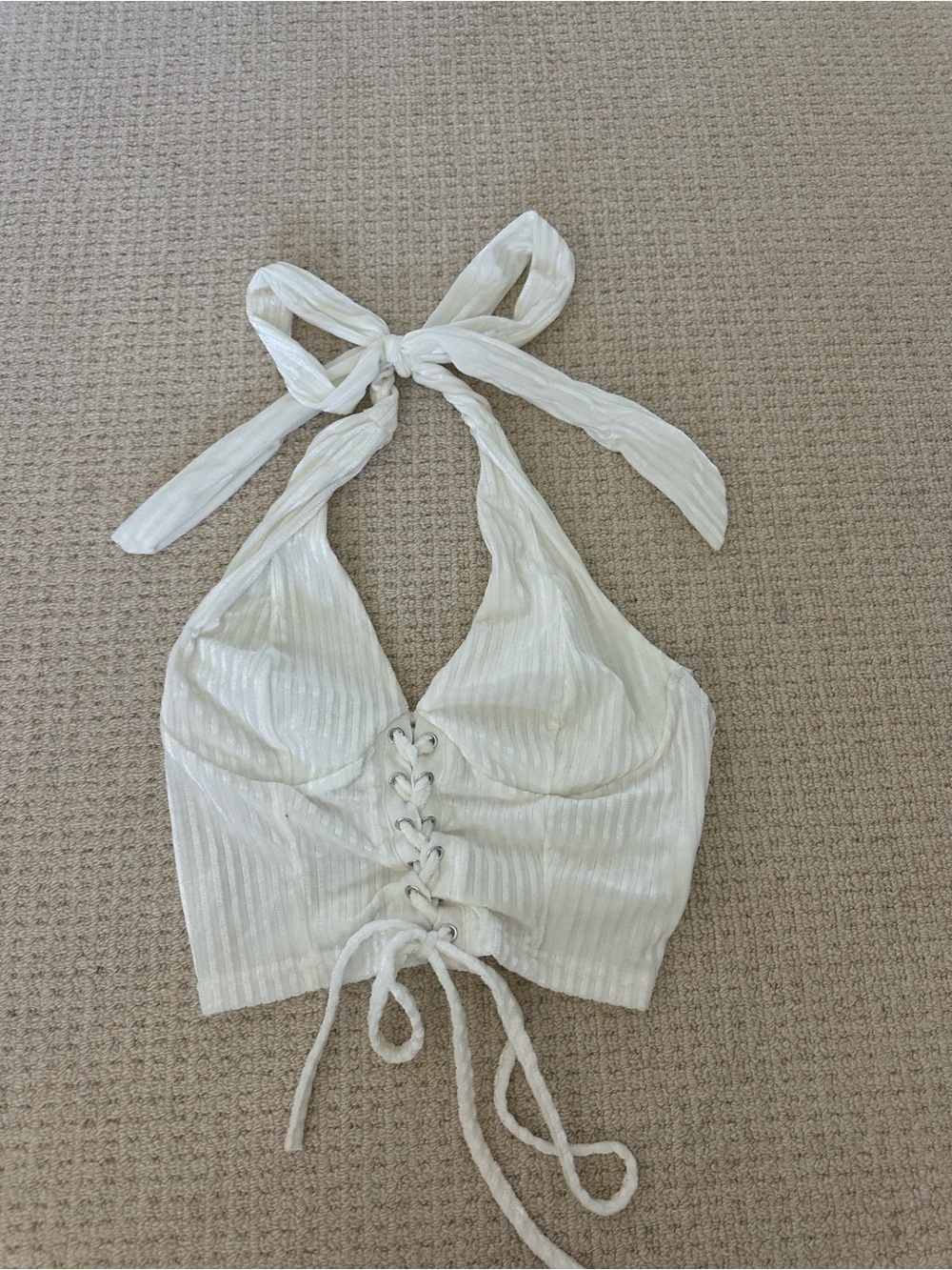 White Halter Lace-Up Ribbed Crop Top